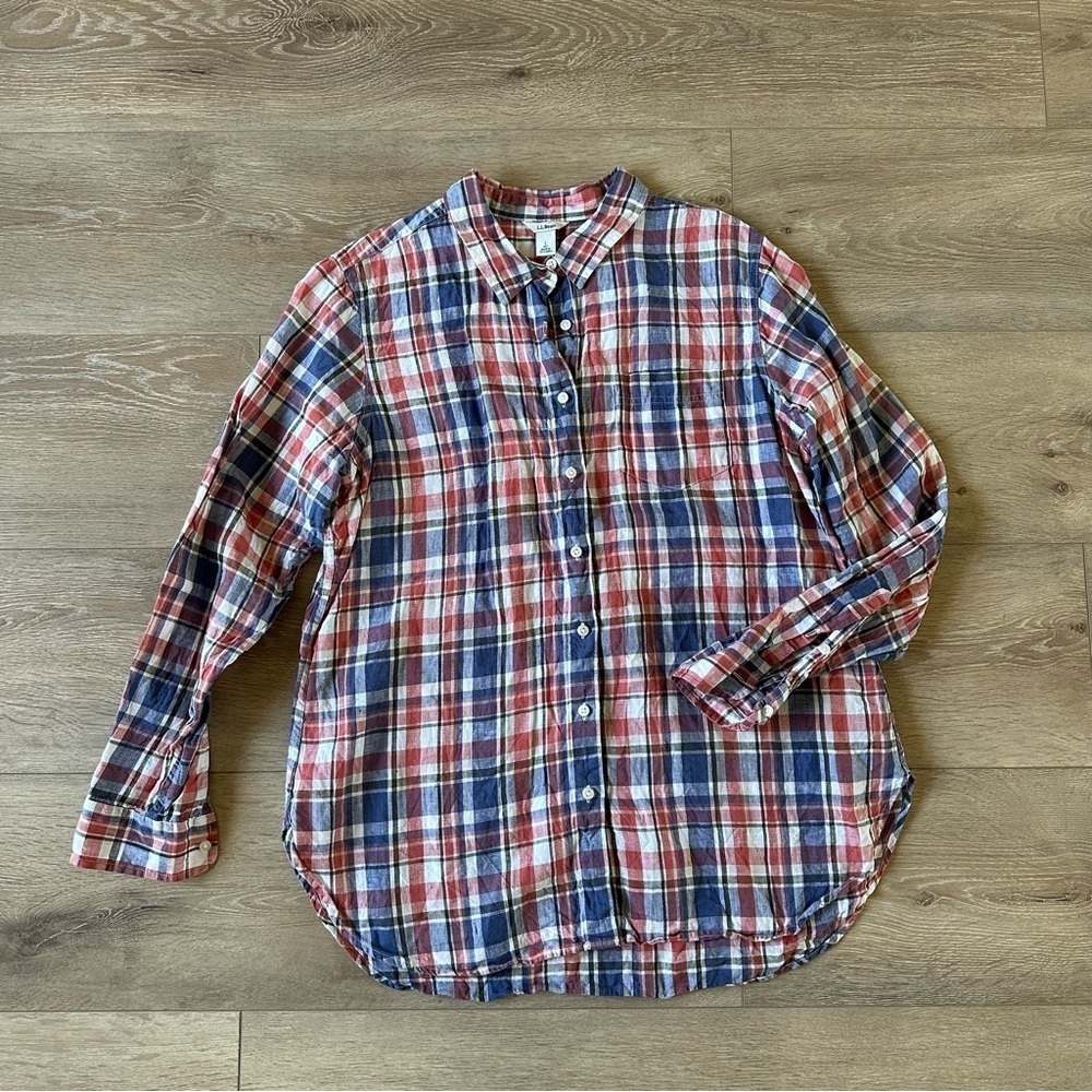 L.L.Bean 100% Linen Plaid Shirt Sz L